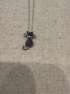 Sterling Silver Black Marcasite Cat Pendant Necklace 925 Thailand